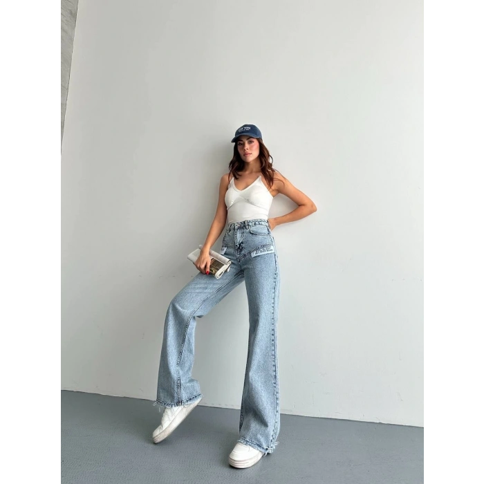 Yazı Detaylı Wide Leg Jean Pantolon