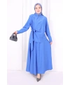 Belden Bağlamalı Bluz Etek Takım 8703 Saks