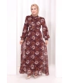 Belden Bağlamalı Desenli Elbise 6075 Mürdüm