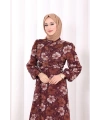 Belden Bağlamalı Desenli Elbise 6075 Mürdüm
