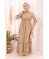 Belden Lastikli Boydan Düğmeli Elbise 6062 Camel