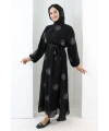Belden Lastikli Nakışlı Elbise  7001 Vizon