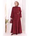 Broş Detaylı Boydan Düğmeli Elbise 7059 Bordo