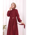 Broş Detaylı Boydan Düğmeli Elbise 7059 Bordo