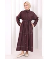 Düğmeli Denim Elbise 7070 Bordo