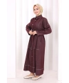 Düğmeli Denim Elbise 7070 Bordo