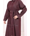 Düğmeli Denim Elbise 7070 Bordo