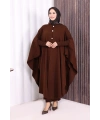 Düğmeli Kapşonlu Triko Panço 18342 Kahverengi