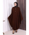 Düğmeli Kapşonlu Triko Panço 18342 Kahverengi