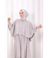 Düğmeli Pelerinli Elbise 6080 Gri