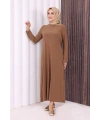 Düz Bisklet Yaka Uzun Kol İç Sandy Elbise 3202 Taba