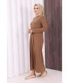 Düz Bisklet Yaka Uzun Kol İç Sandy Elbise 3202 Taba