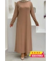 Düz Bisklet Yaka Uzun Kol İç Sandy Elbise 3202 Taba