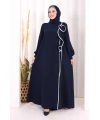 Gül ve Şerit Detaylı Elbise Şal Hediyeli 6065 Lacivert