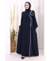 Gül ve Şerit Detaylı Elbise Şal Hediyeli 6065 Lacivert