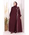 Gül ve Şerit Detaylı Elbise Şal Hediyeli 6065 Mürdüm