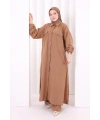Keten Düğmeli Tunik Pantolon Takım 8015 Taba
