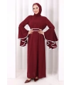 Kol Fırfır Şerit Detaylı Şallı Elbise 6084 Mürdüm