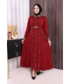 Leopar Biyeli Kemerli Elbise 3930 Bordo