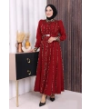 Leopar Biyeli Kemerli Elbise 3930 Bordo