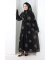 Nakışlı Şifon Şallı Abaya 2006 Siyah-Gold