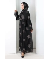 Nakışlı Şifon Şallı Abaya 2006 Siyah-Gold