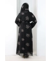 Nakışlı Şifon Şallı Abaya 2006 Siyah-Gold