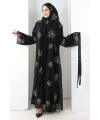 Nakışlı Şifon Şallı Abaya 2006 Siyah-Gold