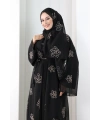 Nakışlı Şifon Şallı Abaya 2006 Siyah-Gold