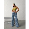 Açık Mavi Yıkamalı Desenli Wide Leg Jean Pantolon