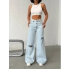 Açık Mavi Yırtık Detaylı Wide Leg Jean Pantolon