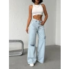 Açık Mavi Yırtık Detaylı Wide Leg Jean Pantolon