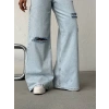 Açık Mavi Yırtık Detaylı Wide Leg Jean Pantolon