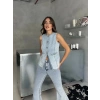 Buz Mavi İspanyol Paça Yelekli Denim Takım