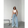 Buz Mavi Pink Taş Detaylı Yırtık Wide Leg Jean Pantolon
