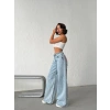 Buz Mavi Pink Taş Detaylı Yırtık Wide Leg Jean Pantolon