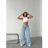 Buz Mavi Pink Taş Detaylı Yırtık Wide Leg Jean Pantolon