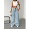 Buz Mavi Pink Taş Detaylı Yırtık Wide Leg Jean Pantolon
