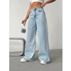 Buz Mavi Pink Taş Detaylı Yırtık Wide Leg Jean Pantolon