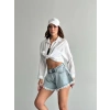 Buz Mavi Taş Detaylı Püsküllü Paça Denim Mini Şort