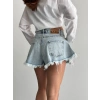 Buz Mavi Taş Detaylı Püsküllü Paça Denim Mini Şort