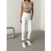 Işıltılı Cep Detaylı Mom Fit Beyaz Kot Pantolon