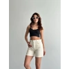 Krem Yüksek Bel Premium Denim Bermuda Şort