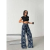Mavi Yıkamalı Desenli Wide Leg Jean Pantolon