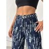 Mavi Yıkamalı Desenli Wide Leg Jean Pantolon