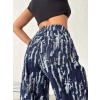 Mavi Yıkamalı Desenli Wide Leg Jean Pantolon