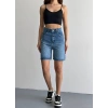 Mavi Yüksek Bel Premium Denim Bermuda Şort