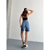 Mavi Yüksek Bel Premium Denim Bermuda Şort