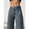 Mikro Yırtık Desenli İndigo Geniş Paça Kot Pantolon