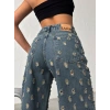 Mikro Yırtık Desenli İndigo Geniş Paça Kot Pantolon